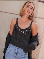 Grey Cable Detail Gem Knitted Vest - Image 1 of 6