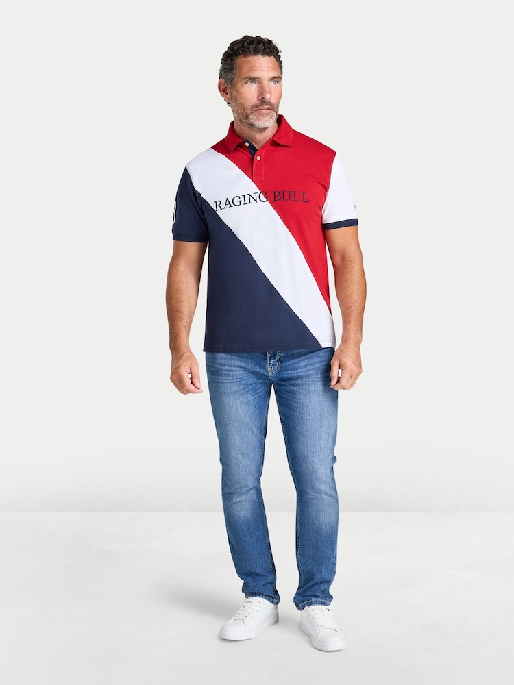 Raging Bull Blue Contrast Sleeve Pique Polo Shirt - Image 1 of 5 Raging Bull Blue Contrast Sleeve Pique Polo Shirt - Image 1 of 5