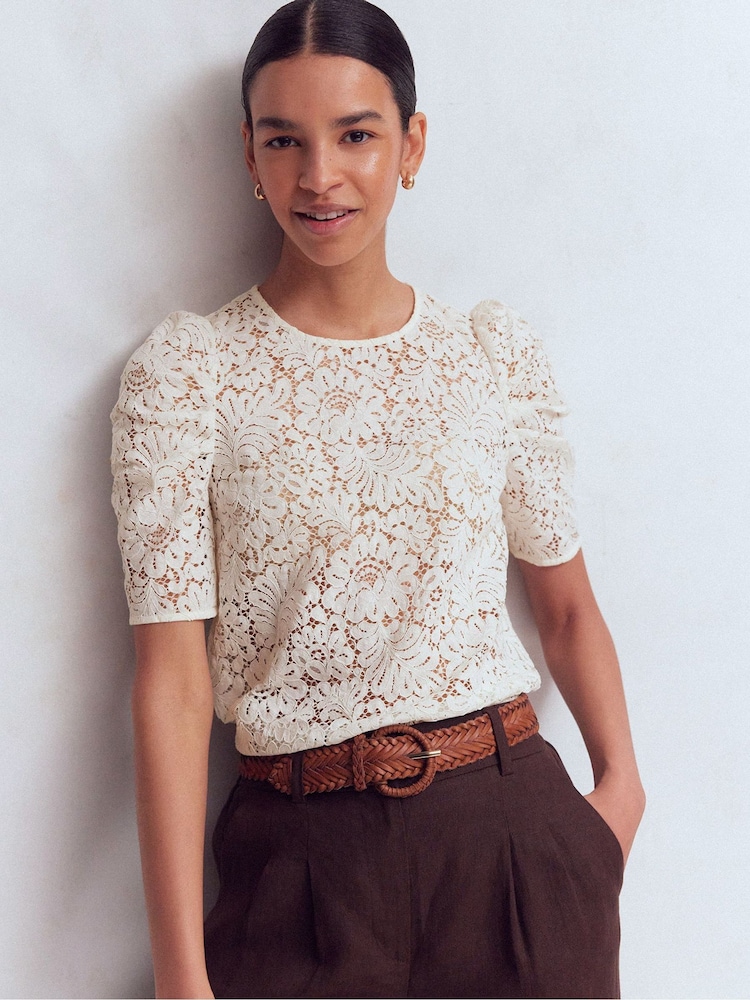 Boden Cream Short Sleeve Lace Top - Image 1 of 5 Boden Cream Short Sleeve Lace Top - Image 1 of 5