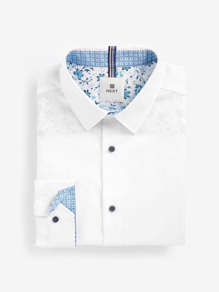 White/Blue Floral Regular Fit Trimmed Formal Shirt - Image 7 of 9