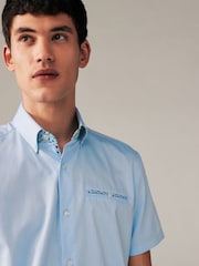 Light Blue Slim Fit 100% Cotton Trimmed Formal Short Sleeve Oxford Shirt - Image 1 of 6