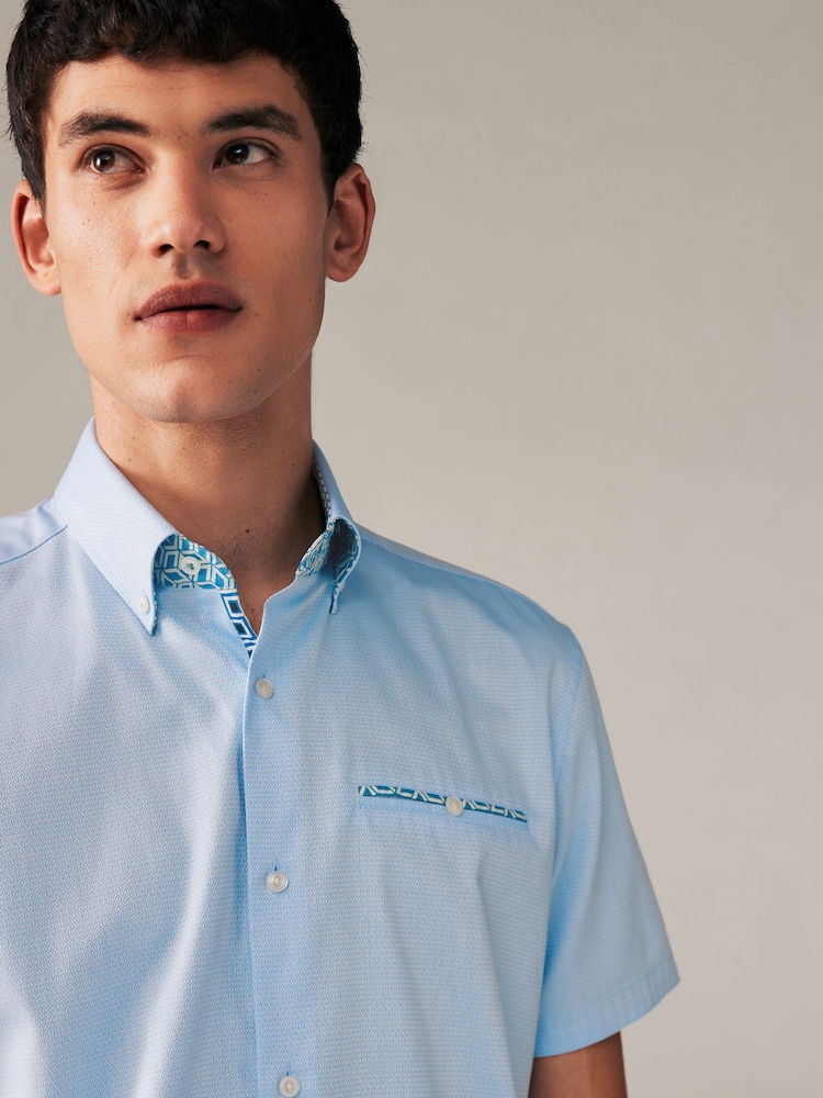 Light Blue Slim Fit 100% Cotton Trimmed Formal Short Sleeve Oxford Shirt - Image 1 of 6