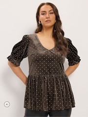 Yours Curve Brown Glitter Spot Peplum Top - Image 1 of 6