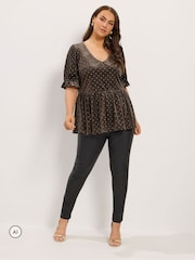 Yours Curve Brown Glitter Spot Peplum Top - Image 2 of 6