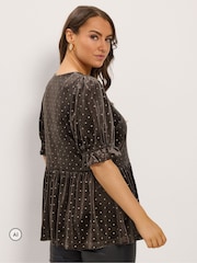 Yours Curve Brown Glitter Spot Peplum Top - Image 3 of 6