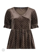 Yours Curve Brown Glitter Spot Peplum Top - Image 5 of 6