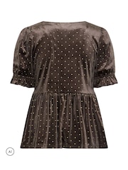 Yours Curve Brown Glitter Spot Peplum Top - Image 6 of 6