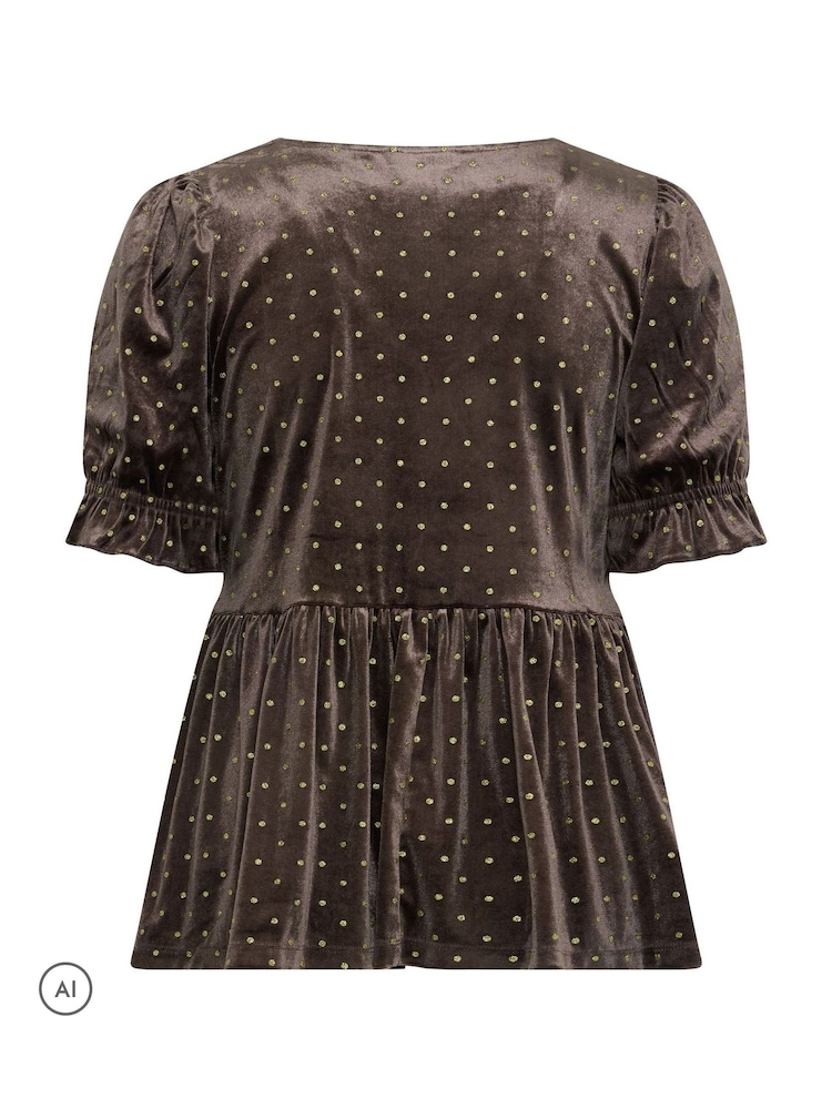 Yours Curve Brown Glitter Spot Peplum Top - Image 6 of 6