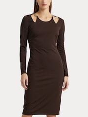 Lauren Ralph Lauren Brown Chain Trim Cutout Jersey Dress - Image 1 of 6