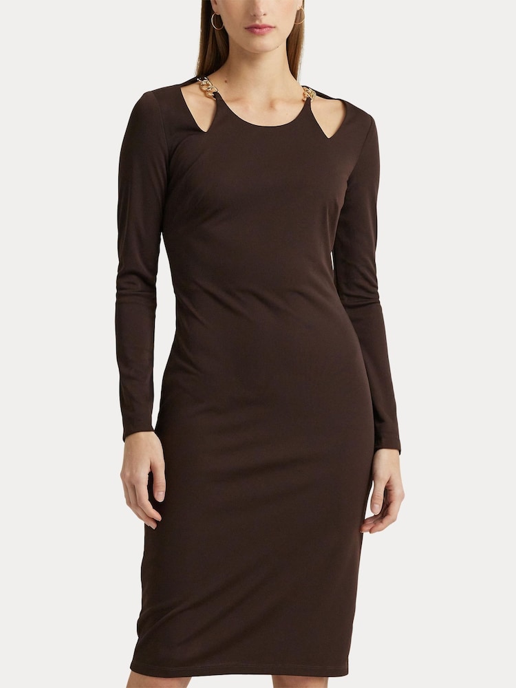 Lauren Ralph Lauren Brown Chain Trim Cutout Jersey Dress - Image 1 of 6