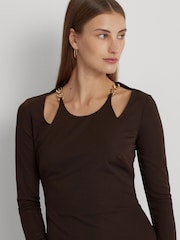 Lauren Ralph Lauren Brown Chain Trim Cutout Jersey Dress - Image 5 of 6