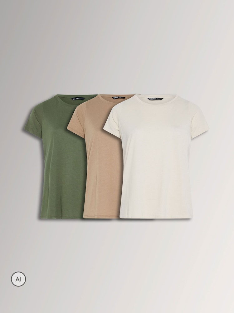 Yours Curve Green/Brown/White Core T-Shirts 3 Pack - Image 1 of 9