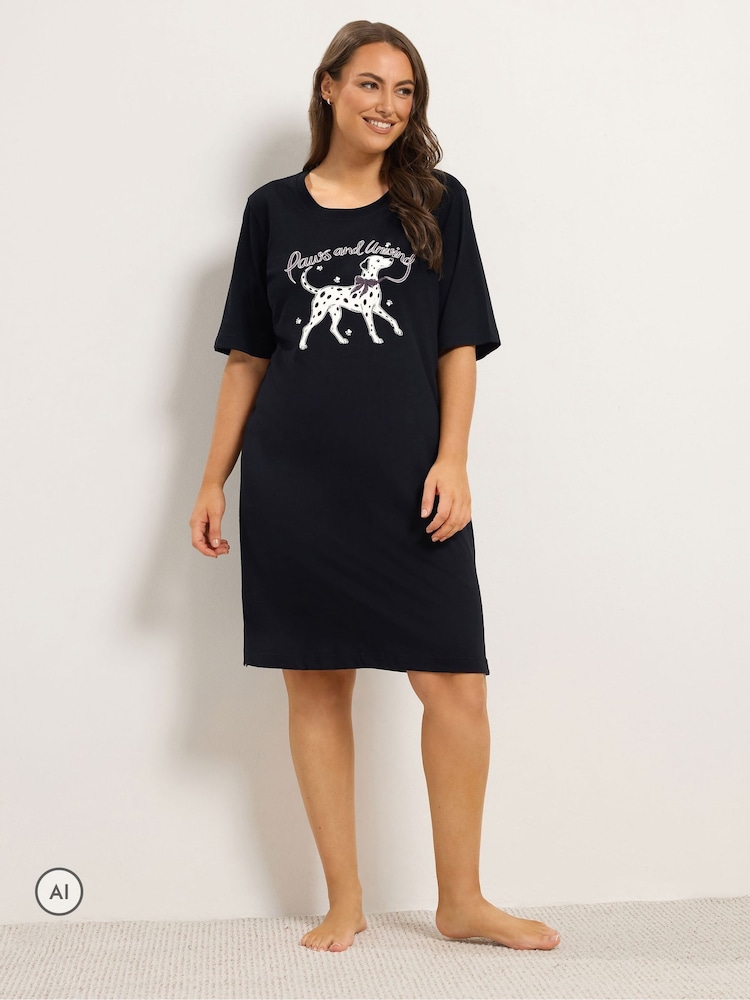 Yours Curve Black 'Paws & Unwinding' Dalmatian Nightdress - Image 2 of 6