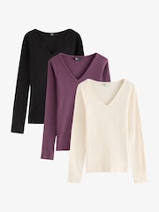 Friends Like These Black/White/Aubergine V-Neck Long Sleeve Ribbed Tops 3 Pack - Image 1 of 5