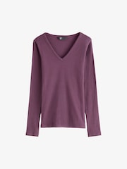 Friends Like These Black/White/Aubergine V-Neck Long Sleeve Ribbed Tops 3 Pack - Image 3 of 5