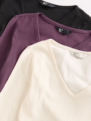 Friends Like These Black/White/Aubergine V-Neck Long Sleeve Ribbed Tops 3 Pack - Image 5 of 5