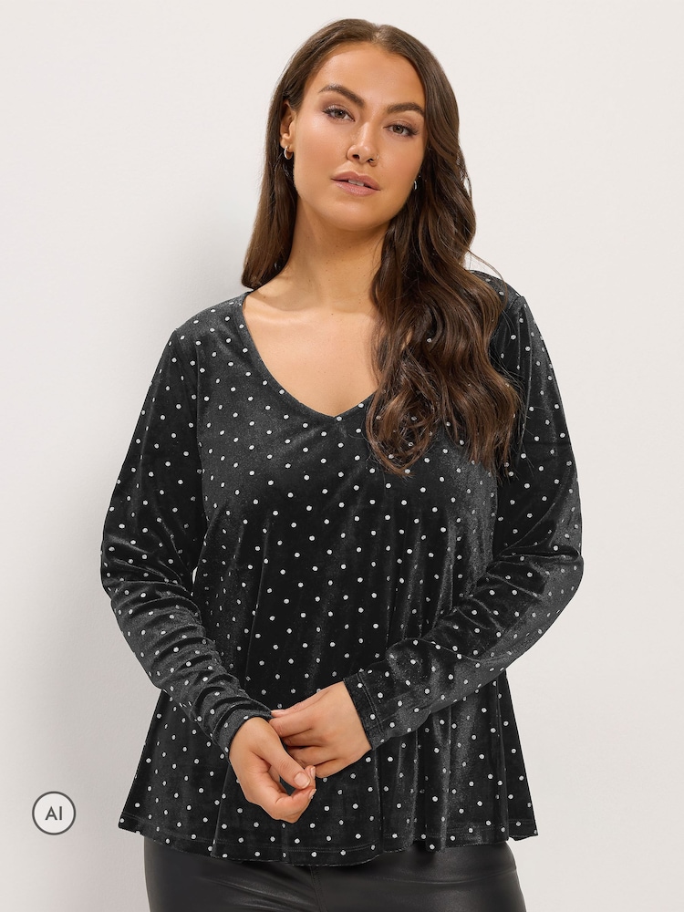 Yours Curve Black Glitter Polka Dot Top - Image 1 of 6