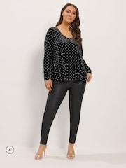 Yours Curve Black Glitter Polka Dot Top - Image 2 of 6
