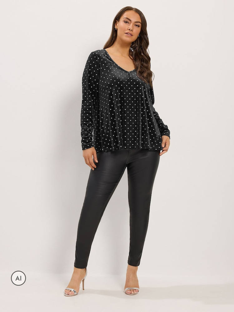 Yours Curve Black Glitter Polka Dot Top - Image 2 of 6