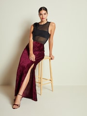 Berry Red Column Velvet Slit Midi Skirt - Image 1 of 5