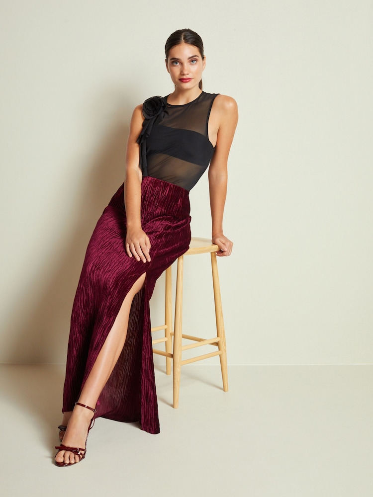 Berry Red Column Velvet Slit Midi Skirt - Image 1 of 5