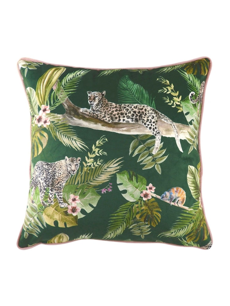 Evans Lichfield Green Jungle Leopard Velvet Polyester Filled Cushion - Image 1 of 2