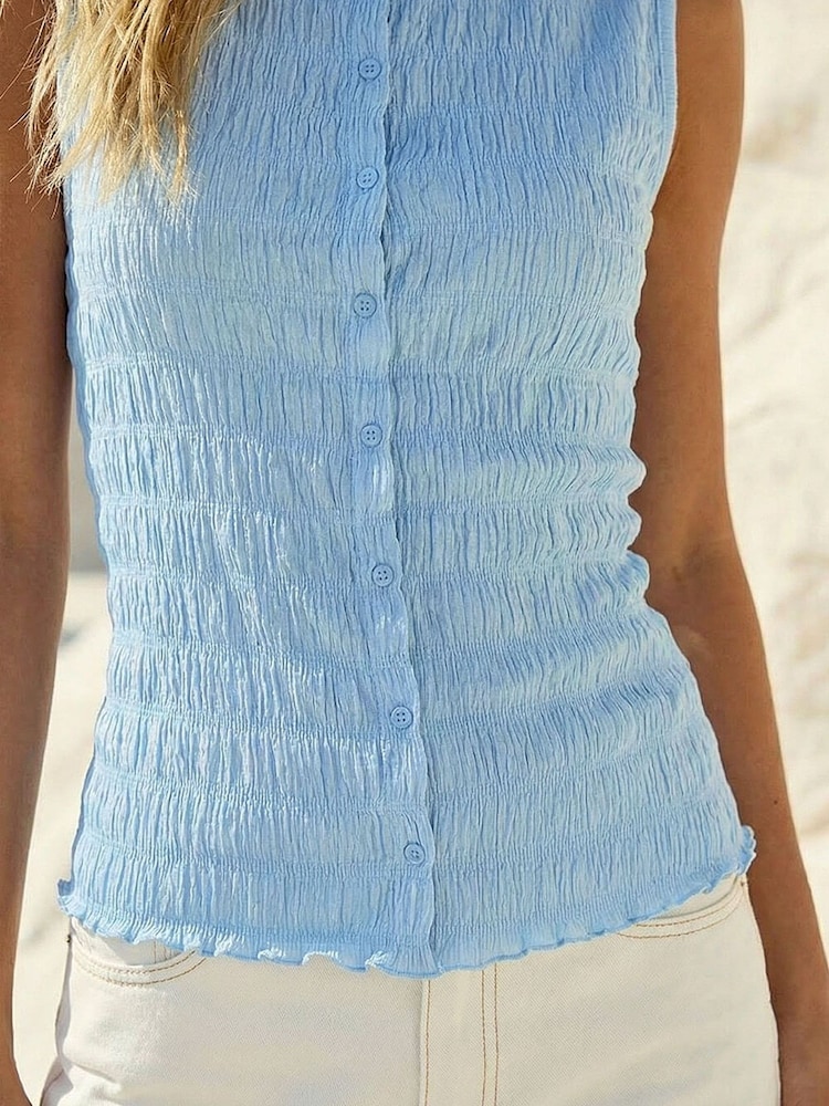 Roman Blue Plisse Mock Button Top - Image 4 of 4