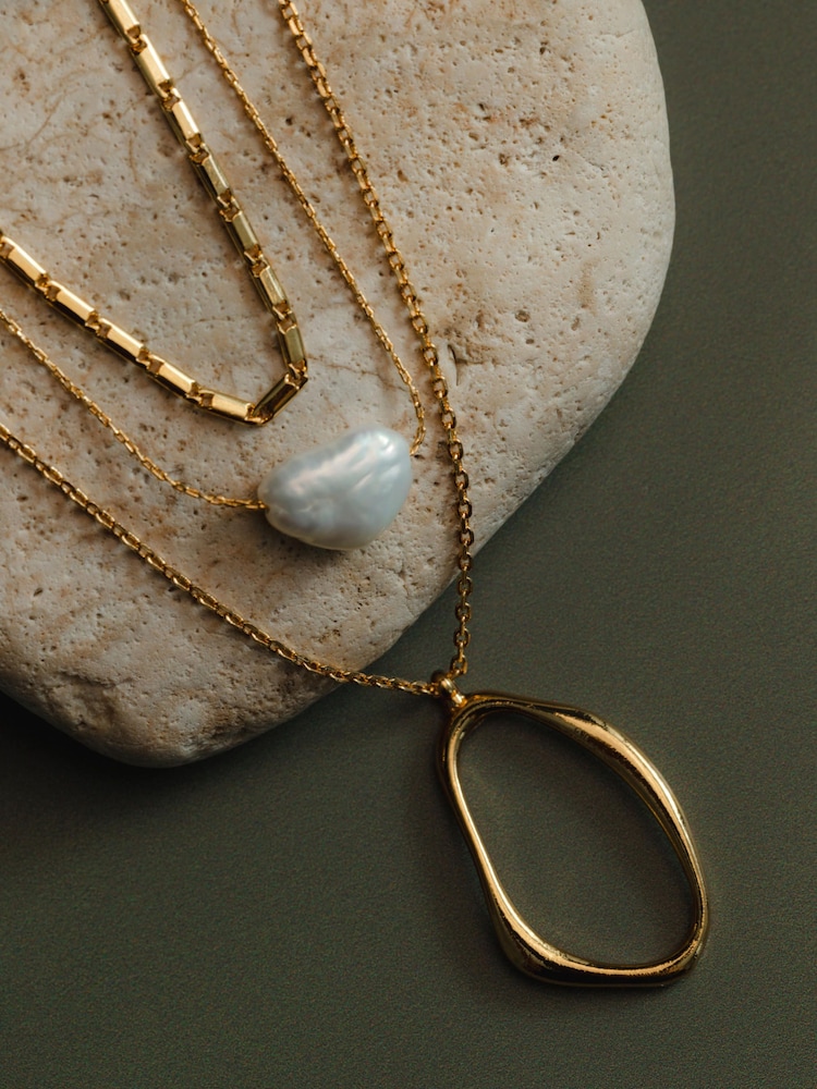 Orelia London Gold Tone Oval & Pearl 3-Row Necklace - Image 2 of 4