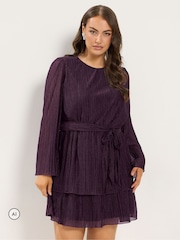 Yours Curve Purple Metallic Tiered Dress - Image 1 of 6