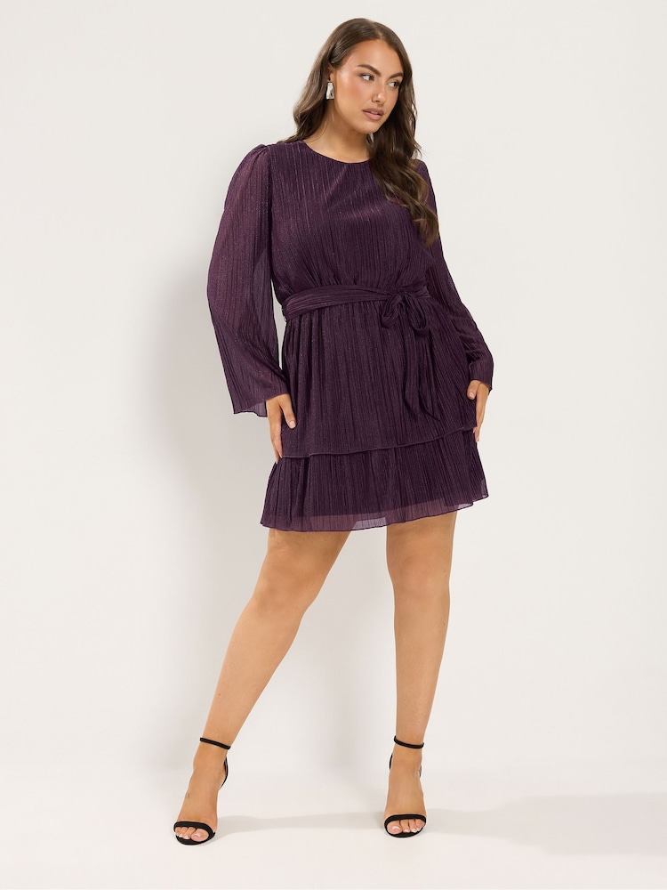 Yours Curve Purple Metallic Tiered Dress - Image 2 of 6 Yours Curve Purple Metallic Tiered Dress - Image 2 of 6