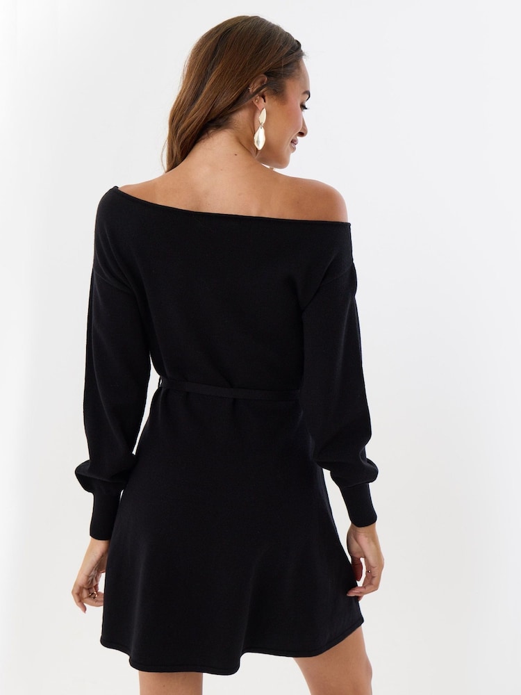 Threadbare Black Slash Neck Belted Mini Jumper Dress - Image 2 of 4 Threadbare Black Slash Neck Belted Mini Jumper Dress - Image 2 of 4