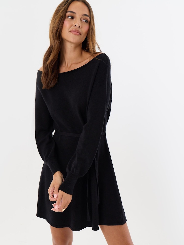 Threadbare Black Slash Neck Belted Mini Jumper Dress - Image 4 of 4 Threadbare Black Slash Neck Belted Mini Jumper Dress - Image 4 of 4