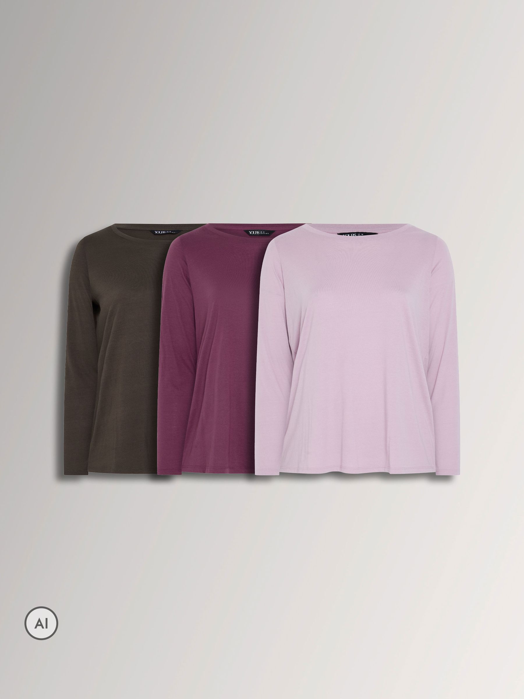 Yours Women's Brown 3 Pack Long Sleeve T-Shirts In | Size: 16 - Image 3