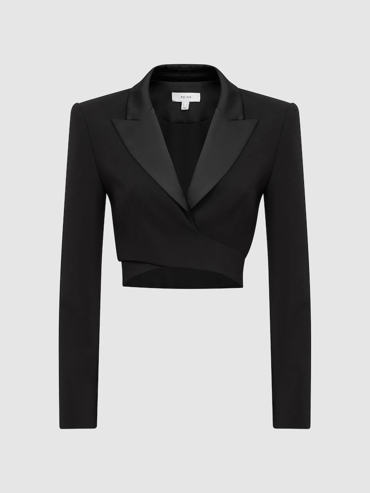 Reiss Black Quinn Satin Cropped Tux Top - Image 2 of 4