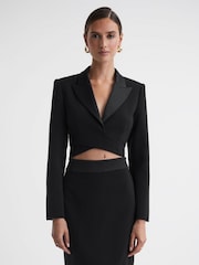 Reiss Black Quinn Satin Cropped Tux Top - Image 3 of 4