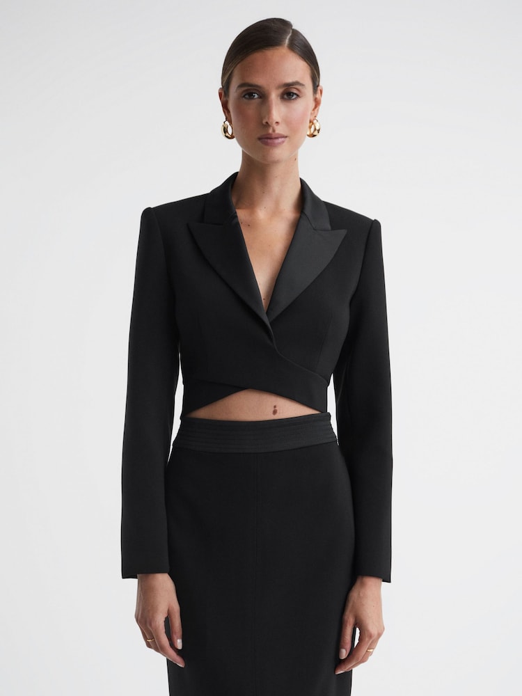 Reiss Black Quinn Satin Cropped Tux Top - Image 3 of 4