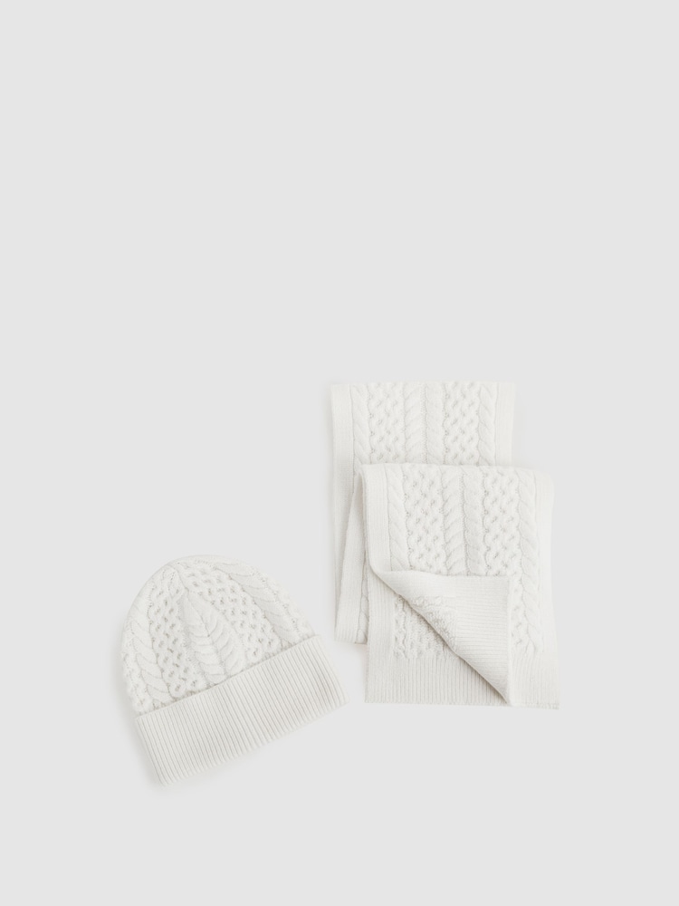 Reiss Ecru Heath Junior Knitted Scarf and Beanie Hat Set - Image 1 of 5