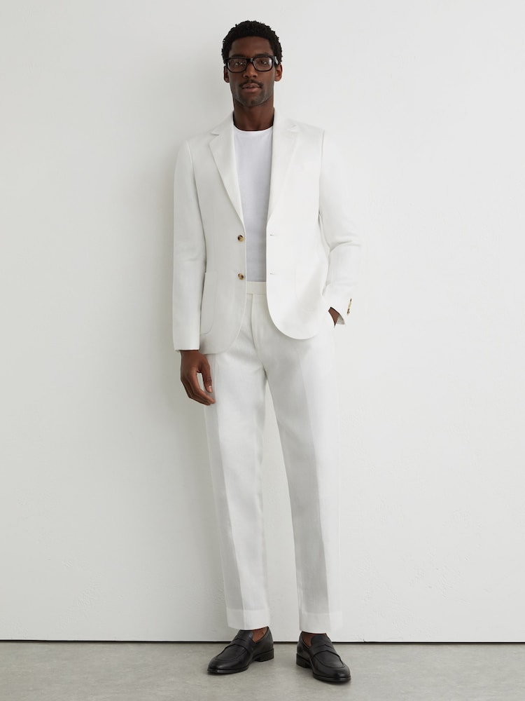 Reiss White Atlantic Tailored Fit Linen-Twill Classic-Fit Suit Trousers - Image 1 of 7 Reiss White Atlantic Tailored Fit Linen-Twill Classic-Fit Suit Trousers - Image 1 of 7