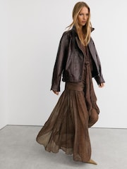 Reiss Grape Burgundy Jasmine Snake-Print Plissé Maxi Skirt - Image 1 of 7