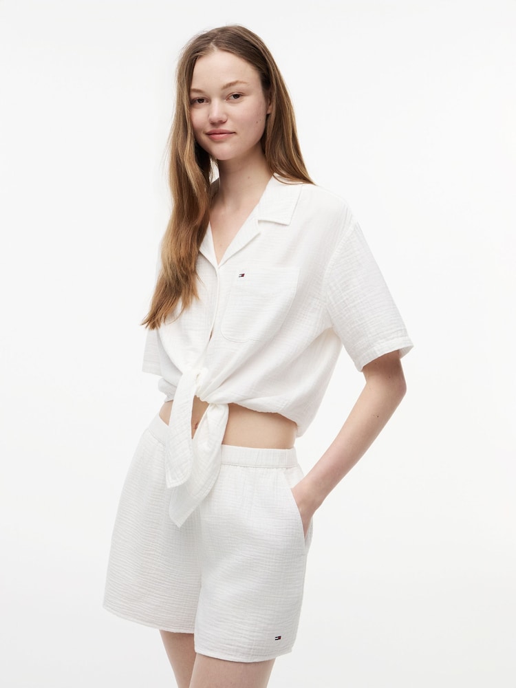Tommy Jeans Natural Crinkle Tie Front Short Sleeve Shirt - Image 1 of 5 Tommy Jeans Natural Crinkle Tie Front Short Sleeve Shirt - Image 1 of 5