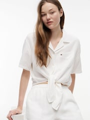 Tommy Jeans Natural Crinkle Tie Front Short Sleeve Shirt - Image 4 of 5
