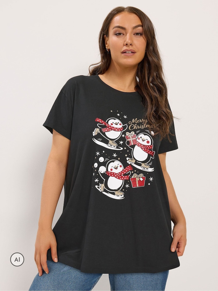 Yours Curve Black 'Merry Christmas' Penguin Glitter Novelty T-Shirt - Image 1 of 7 Yours Curve Black 'Merry Christmas' Penguin Glitter Novelty T-Shirt - Image 1 of 7