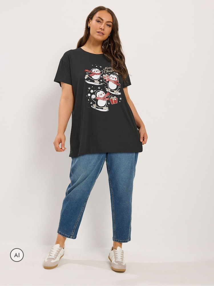 Yours Curve Black 'Merry Christmas' Penguin Glitter Novelty T-Shirt - Image 2 of 7 Yours Curve Black 'Merry Christmas' Penguin Glitter Novelty T-Shirt - Image 2 of 7