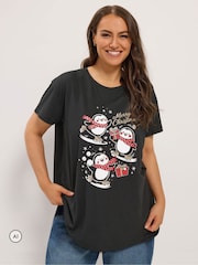 Yours Curve Black 'Merry Christmas' Penguin Glitter Novelty T-Shirt - Image 4 of 7