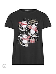 Yours Curve Black 'Merry Christmas' Penguin Glitter Novelty T-Shirt - Image 6 of 7