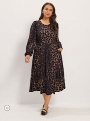 Yours Curve Leopard Shirred Midi Paltar - 6şəkildən 1 şəkil