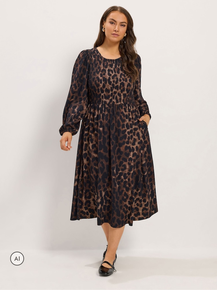 Yours Curve Leopard Shirred Midi Paltar - 6şəkildən 1 şəkil