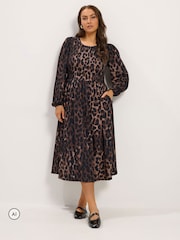 Yours Curve Leopard Shirred Midi Paltar - 6şəkildən 2 şəkil