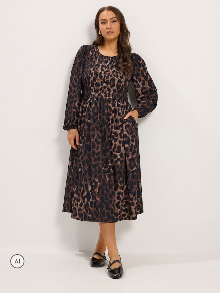 Yours Curve Leopard Shirred Midi Paltar - 6şəkildən 2 şəkil