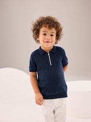 Navy Polo Short Sleeve Zip Neck 100% Cotton Sweater (3mths-7yrs) - Image 1 of 8